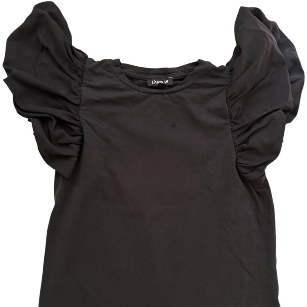 EXPRESS WOMEN'S SHORT RUFFLE CAP SLEEVE BLACK BLOUSE TEE XS
